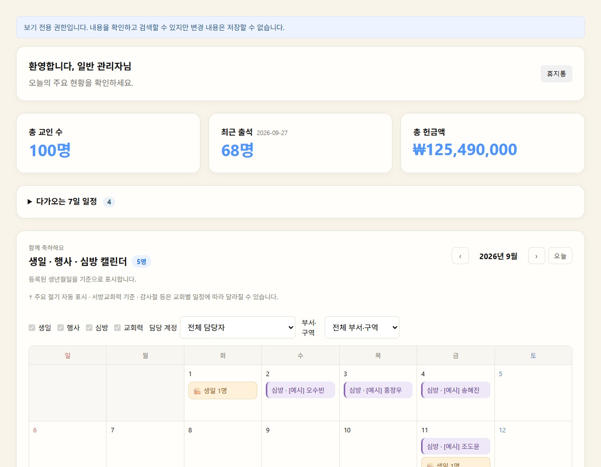 교인 현황과 생일·행사·심방 일정이 함께 보이는 교회 대시보드